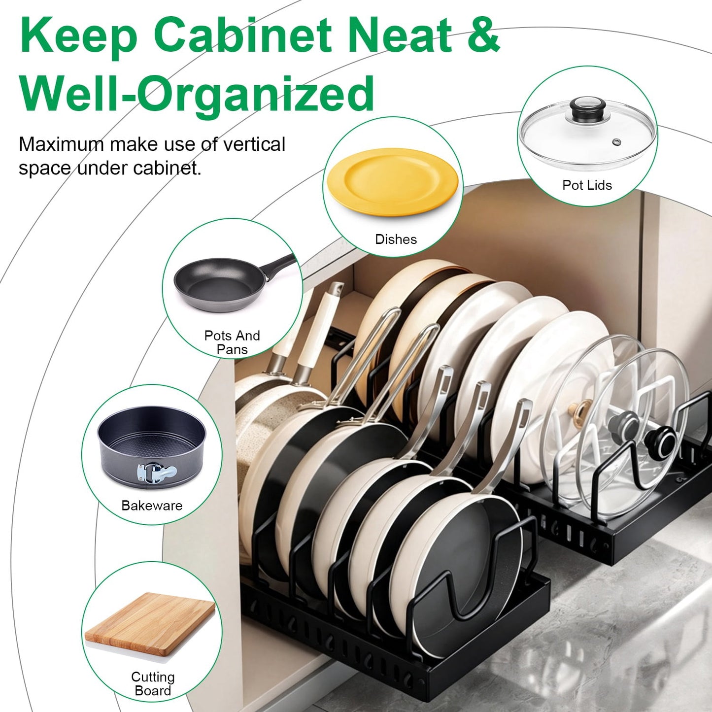 Pull Out Pots and Pans Organizer with 8 Adjustable Dividers for Cabinet