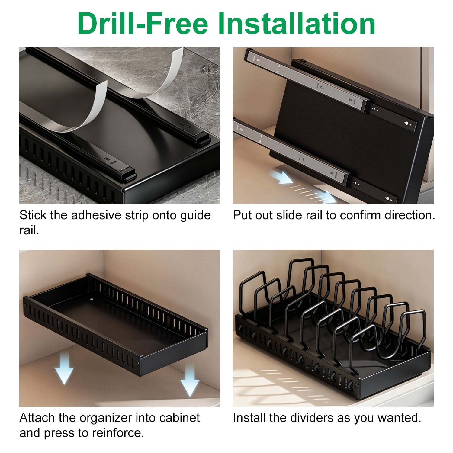 Pull Out Pots and Pans Organizer with 8 Adjustable Dividers for Cabinet
