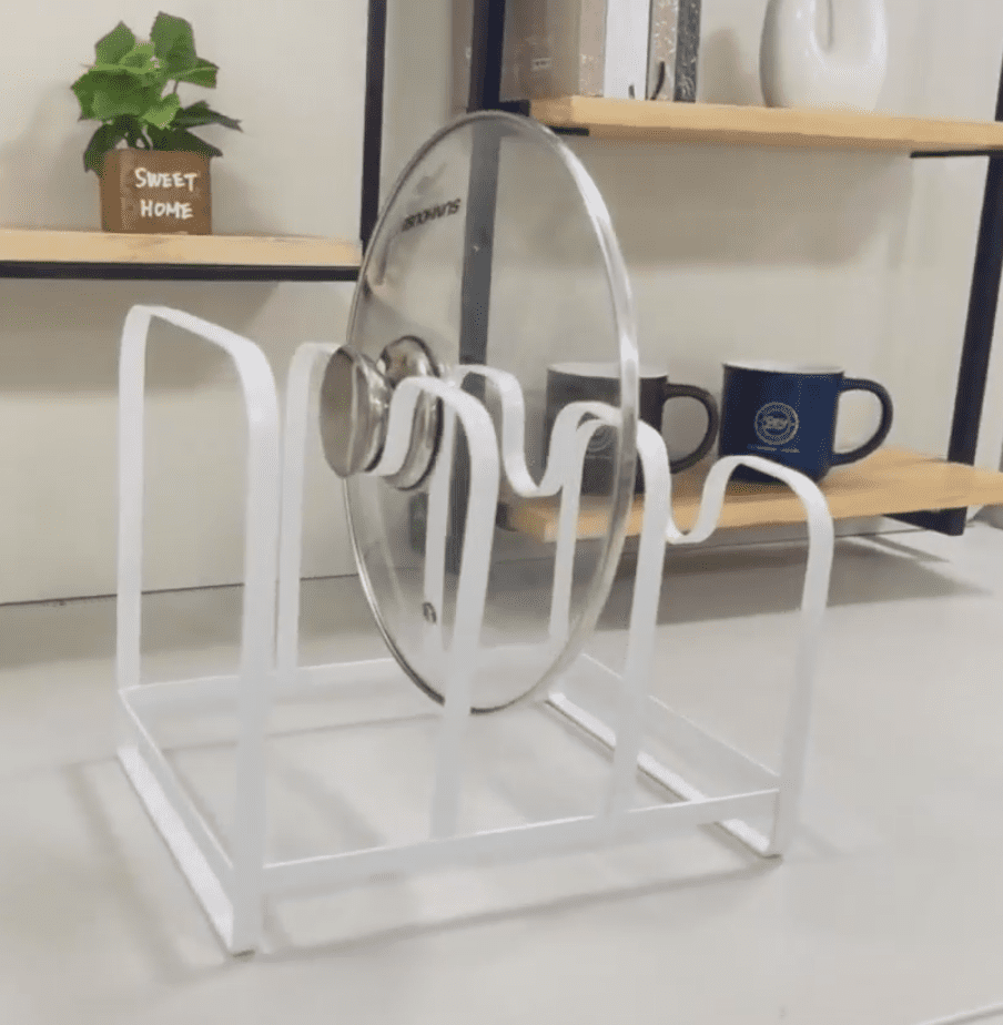 Mainstays Metal Pot Lid Organizer Rack, U-Shape Pan Lid Holder for Kitchen Cabinet, Countertop or Pantry Storage, White