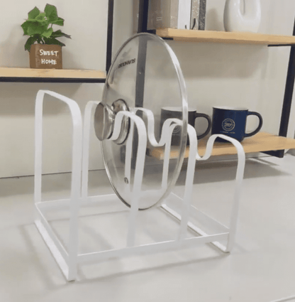 Mainstays Metal Pot Lid Organizer Rack, U-Shape Pan Lid Holder for Kitchen Cabinet, Countertop or Pantry Storage, White