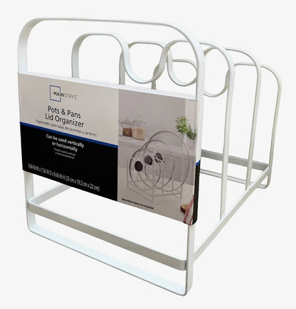 Mainstays Metal Pot Lid Organizer Rack, U-Shape Pan Lid Holder for Kitchen Cabinet, Countertop or Pantry Storage, White
