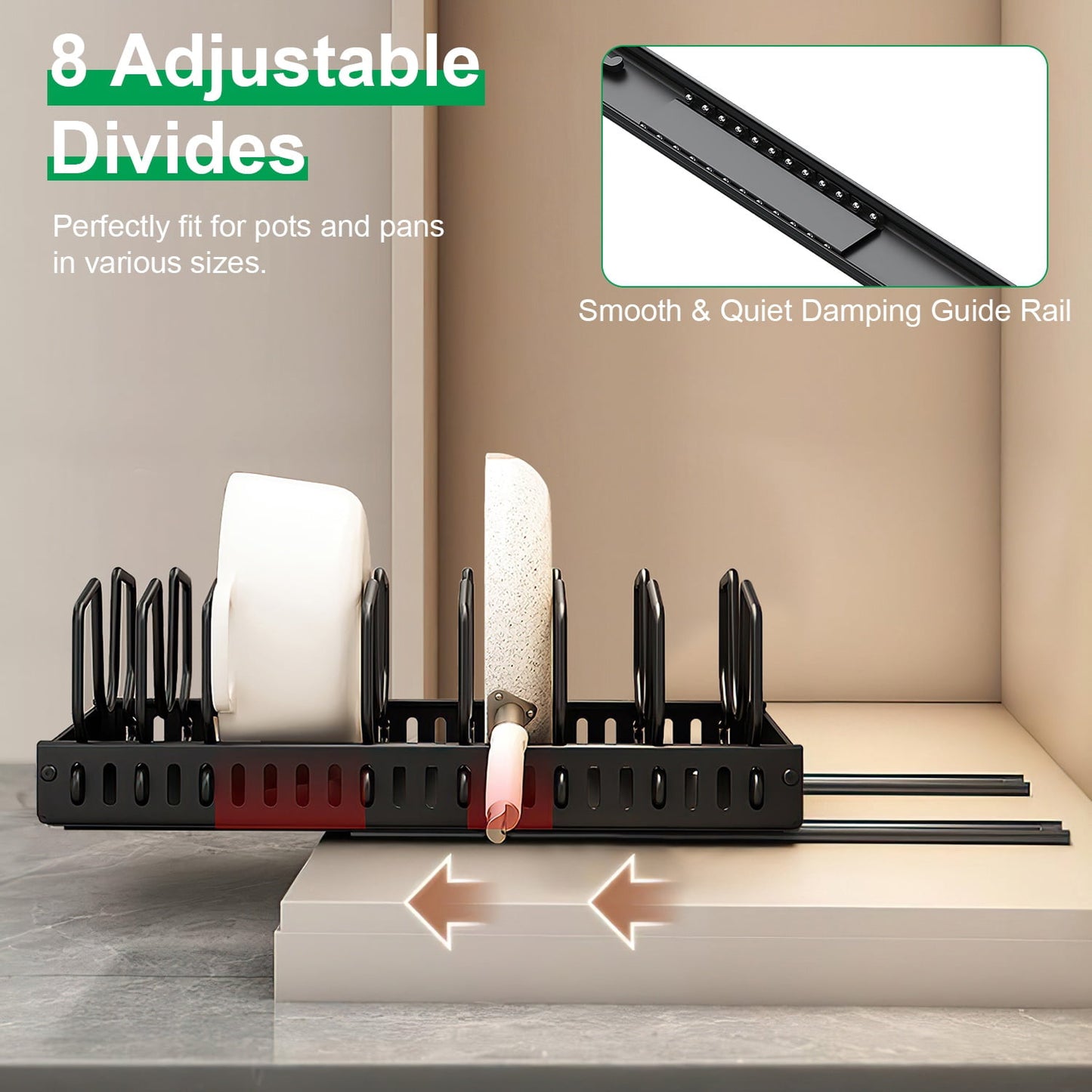 Pull Out Pots and Pans Organizer with 8 Adjustable Dividers for Cabinet
