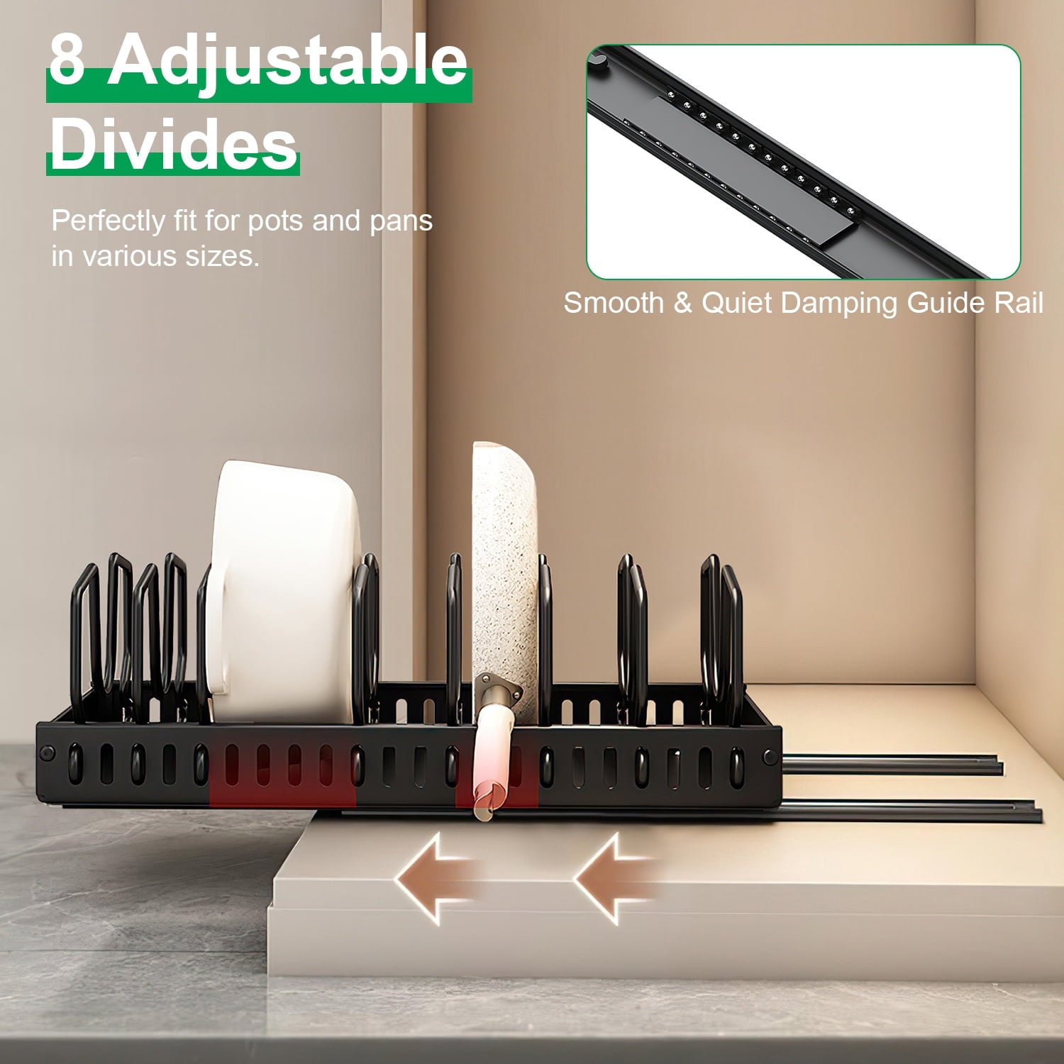 Pull Out Pots and Pans Organizer with 8 Adjustable Dividers for Cabinet