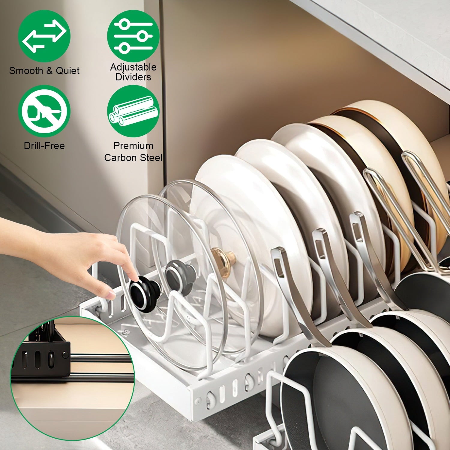 Pull Out Pots and Pans Organizer with 8 Adjustable Dividers for Cabinet