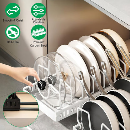 Pull Out Pots and Pans Organizer with 8 Adjustable Dividers for Cabinet