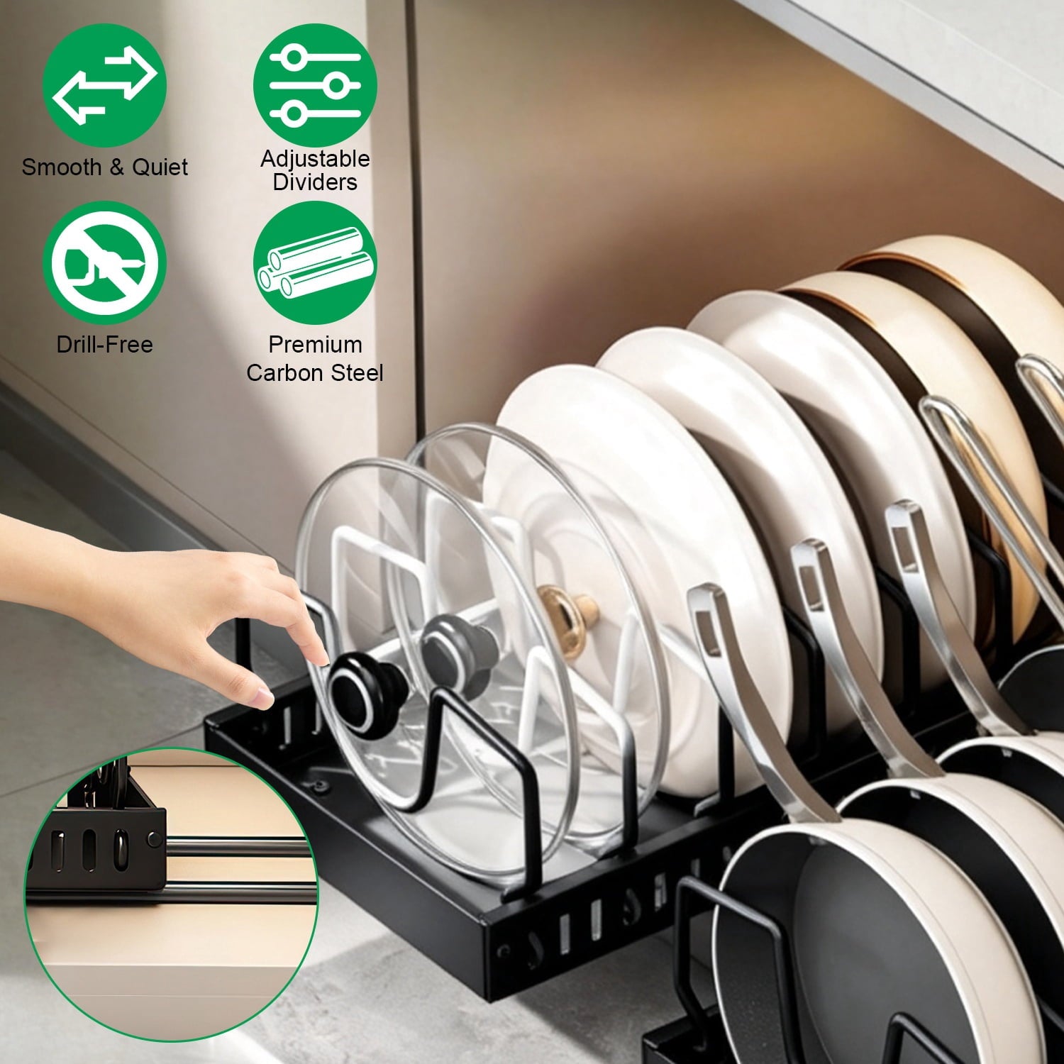 Pull Out Pots and Pans Organizer with 8 Adjustable Dividers for Cabinet