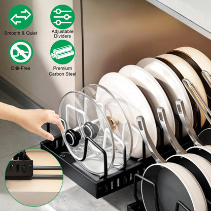 Pull Out Pots and Pans Organizer with 8 Adjustable Dividers for Cabinet
